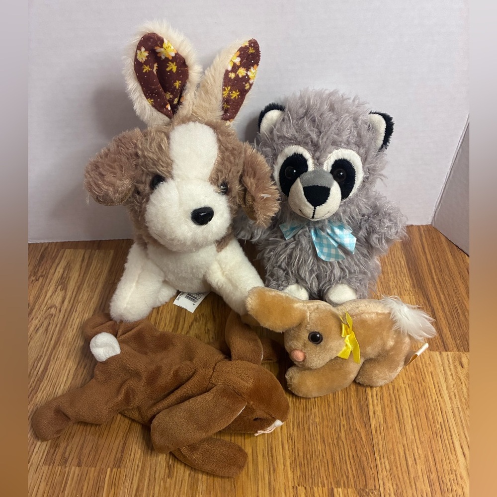 Easter Plushies Bundle Fuzzy Racoon, Puppy With Rabbit Ears, Small Bunnies Toys.